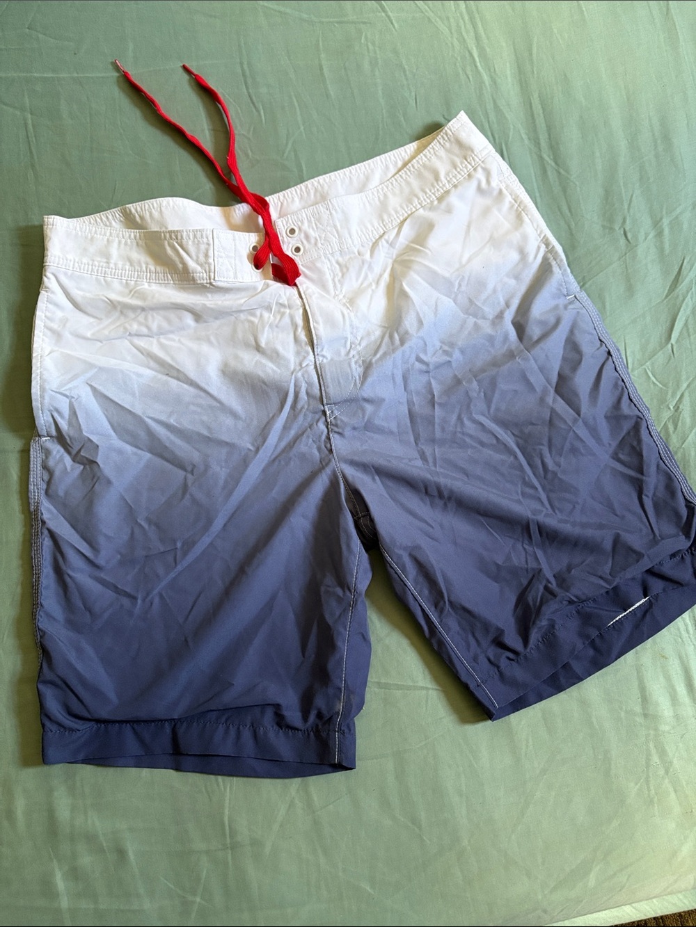 Express Ombre White to Blue Swim Board Shorts with Red Drawstring